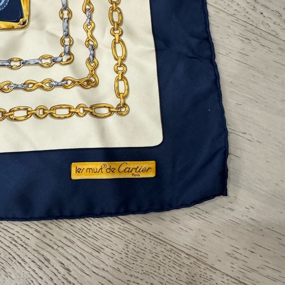 Cartier Blue & Gold Les Must De Cartier Chain Silk Scarf VINTAGE - Picture 4 of 9